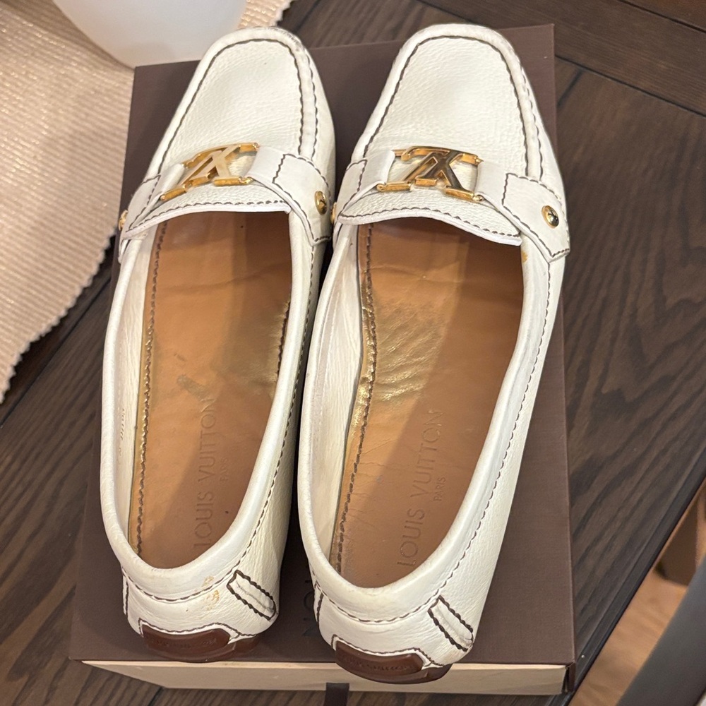 Louis Vuitton Cream Leather Loafers with Gold Accent
